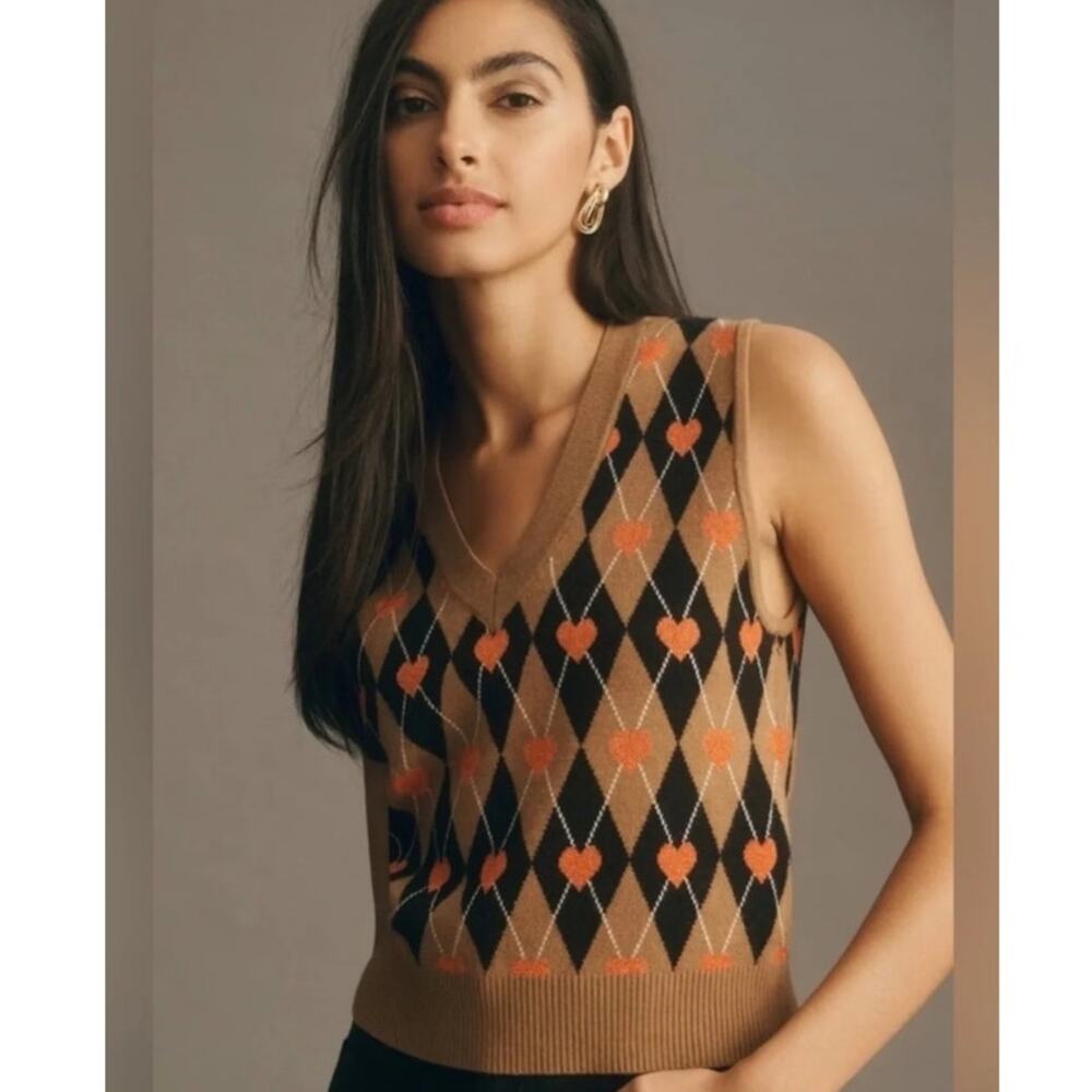 Anthropologie Maeve V-Neck Hearts Diamonds Sweater Sleeveless Vest Small